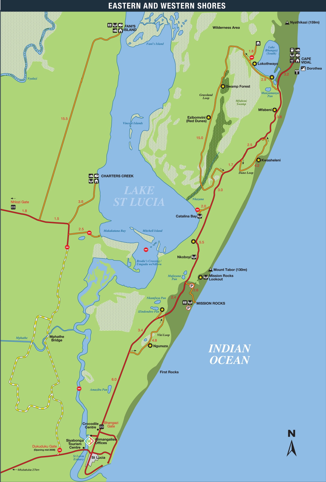 Mapa Eastern & Western Shores en iSimangaliso Wetland Park