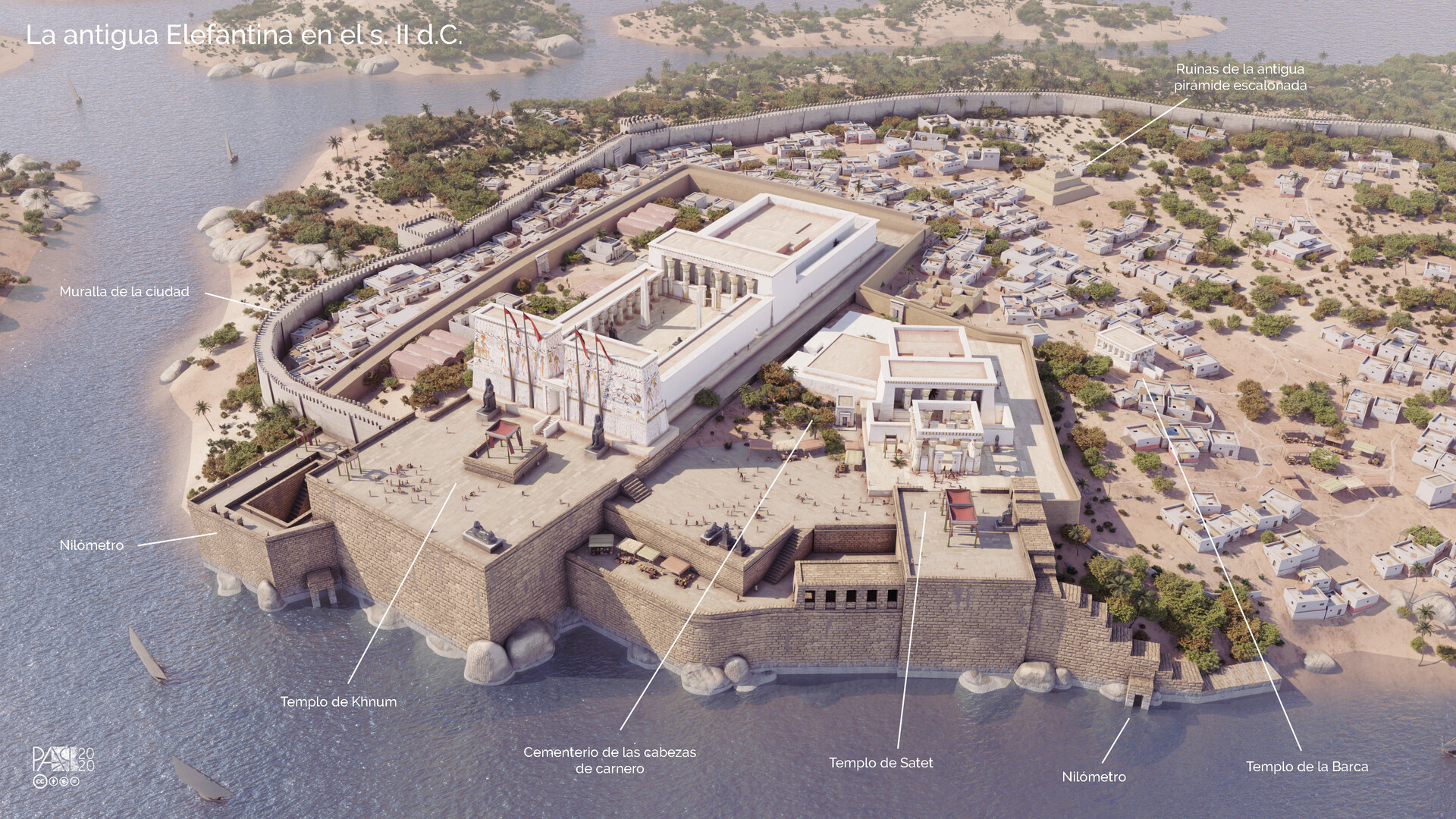 Recreación 3D de la ciudad egipcia de Elefantina (Egipto) en el s. II d.C.